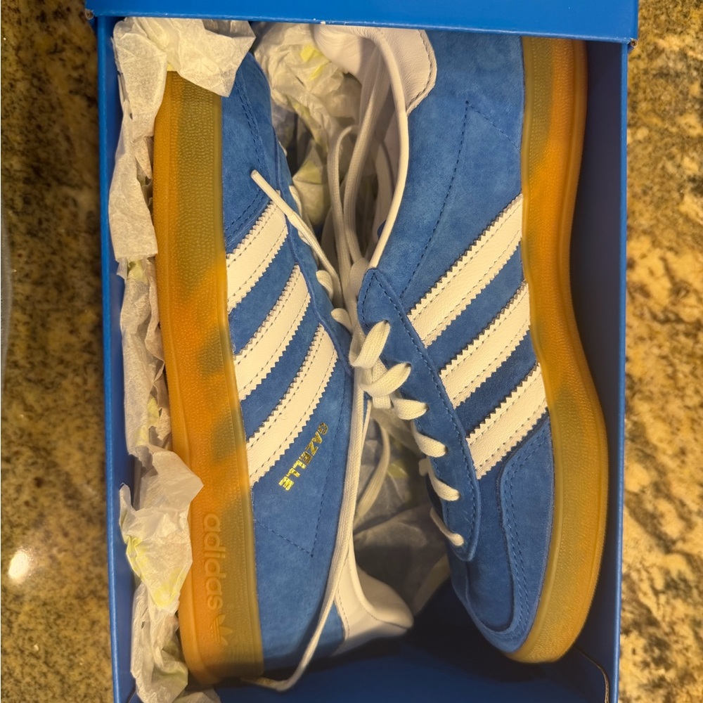 adidas Blue and White Suede Sneakers with Gum Sole